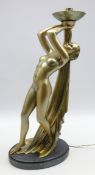 Large Art Deco gilded chalk ware table lamp in the form of a nude lady signed G.
