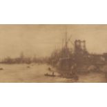 W L Wyllie etching of Thames scene 33cm x 60cm