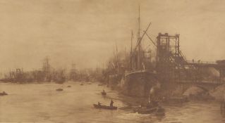 W L Wyllie etching of Thames scene 33cm x 60cm