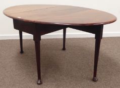 Georgian figured mahogany dining table, oval drop leaf top, pad foot gate-leg action base,