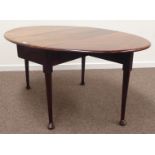 Georgian figured mahogany dining table, oval drop leaf top, pad foot gate-leg action base,