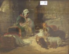 Unsigned oil on panel of an interior scene with mother and child, dogs etc in gilt frame,