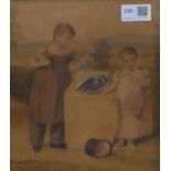Unsigned 19th century primitive watercolour of children, the girl with a doll,