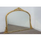 Gilt framed arch top overmantel mirror, bevelled glass plate,