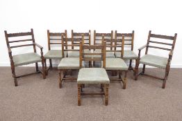 Set seven (5+2) Carolean style oak dining chairs,