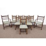 Set seven (5+2) Carolean style oak dining chairs,