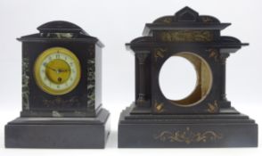 Victorian black slate and marble mantel clock, single train driven movement (H32cm),