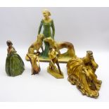 Two Art Deco Wade figures Christina & Pavlova and three similar chalk ware figures including a Lady