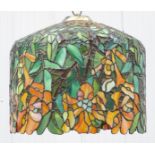 Large Tiffany style lamp shade, green and orange floral design, fitted with ceiling hanging bracket,