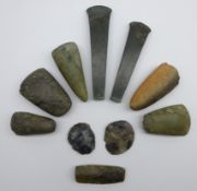 Collection of 10 various stone and copper axe heads etc Condition Report & Further