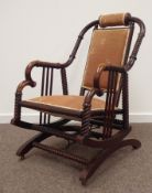 19th century stained beech rocking chair, rope twist framed, upholstered seat and back,