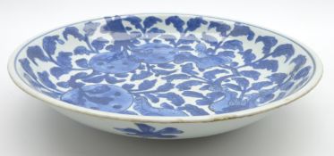 Chinese Kang Hsi shallow bowl decorated with fruit and flowers in blue and white 26cms Diam