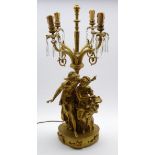 Gilt metal four branch table lamp hung with spear cut lustre drops,