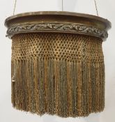 Early 20th century brass rise and fall three branch light fitting with suspended fabric tassels,