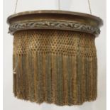 Early 20th century brass rise and fall three branch light fitting with suspended fabric tassels,