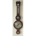 19th century mahogany four dial wheel barometer, swan neck pediment with turned finial,