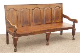 18th century and later oak settle, five fielded back panels, later shaped seat with squab cushion,