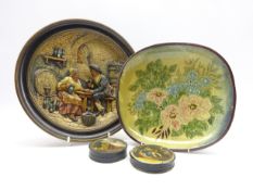 Two Victorian Papier-Mache snuff boxes both with hand-painted scenes one titled 'The Bower',