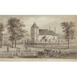 Unsigned 19th Century pen ink and watercolour of 'St Pancras Church 1830', titled in the margin,