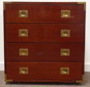 Reproduction mahogany military style chest of four drawers, W70cm, H73cm,