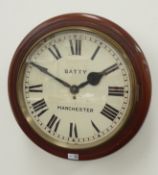 20th century mahogany circular station type wall clock, Roman dial signed 'Batty, Manchester',