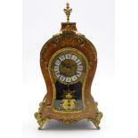 French style inlaid walnut burr cartouche shaped mantel clock,