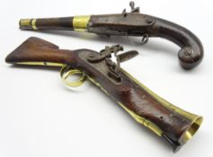 Flintlock blunderbuss pistol with brass barrel and well figured stock L34cms and an eastern