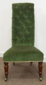 Victorian mahogany framed nursing chair, high buttoned back upholstered in green velvet,