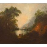 Unsigned 19th Century oil on canvas of a lake landscape with rowing boat in foreground 54cm x 63cm