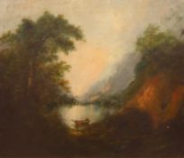 Unsigned 19th Century oil on canvas of a lake landscape with rowing boat in foreground 54cm x 63cm