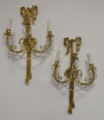 Pair 18th century design gilt metal three branch wall lights with tied bow decoration and hung with
