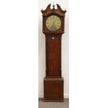 19th century oak longcase clock, swan neck pediment supported by fluted columns,