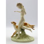 Art Deco Royal Dux style figure of a nude running alongside Borzoi,
