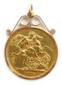 1877 gold full sovereign Melbourne mint mark, loose mounted in gold pendant,
