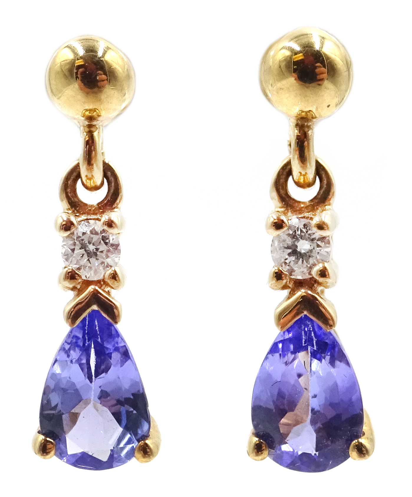 Pair of 9ct gold tanzanite and diamond pendant earrings,