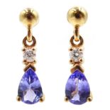 Pair of 9ct gold tanzanite and diamond pendant earrings,