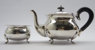 Silver circular teapot with blackwood handle and lift and matching sugar bowl Birmingham 1923 Maker