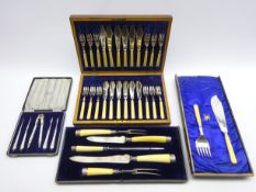 Set of 12 plated fish knives and forks with bone handles by Walker & Co, pair of fish servers,