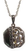 Silver shell and marcasite locket pendant necklace,
