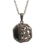 Silver shell and marcasite locket pendant necklace,