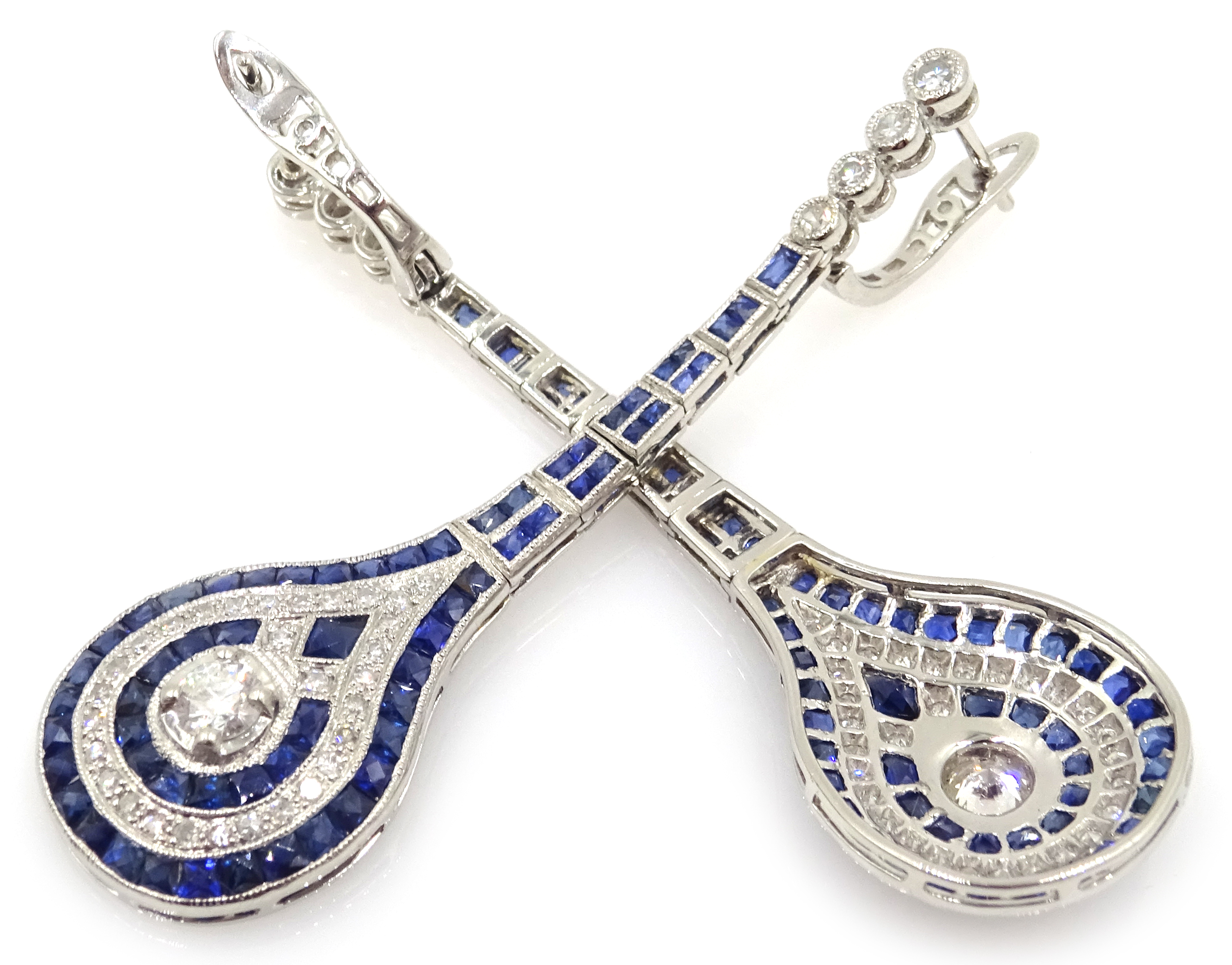 Pair of Art Deco style sapphire and diamond pendant earrings, diamonds approx 1. - Image 3 of 3