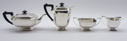 Silver 4 piece tea set of oblong design comprising teapot, hot water jug,