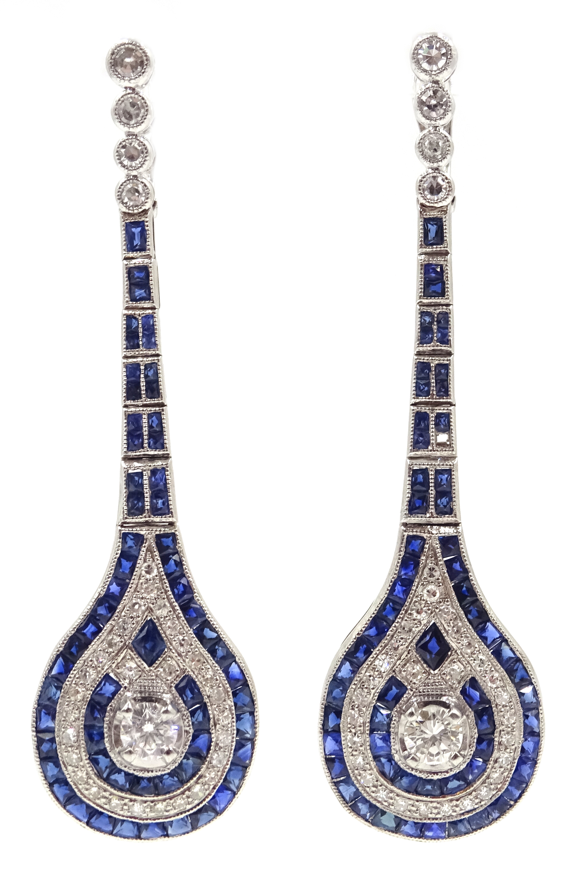 Pair of Art Deco style sapphire and diamond pendant earrings, diamonds approx 1.