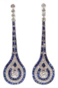 Pair of Art Deco style sapphire and diamond pendant earrings, diamonds approx 1.