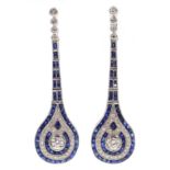 Pair of Art Deco style sapphire and diamond pendant earrings, diamonds approx 1.