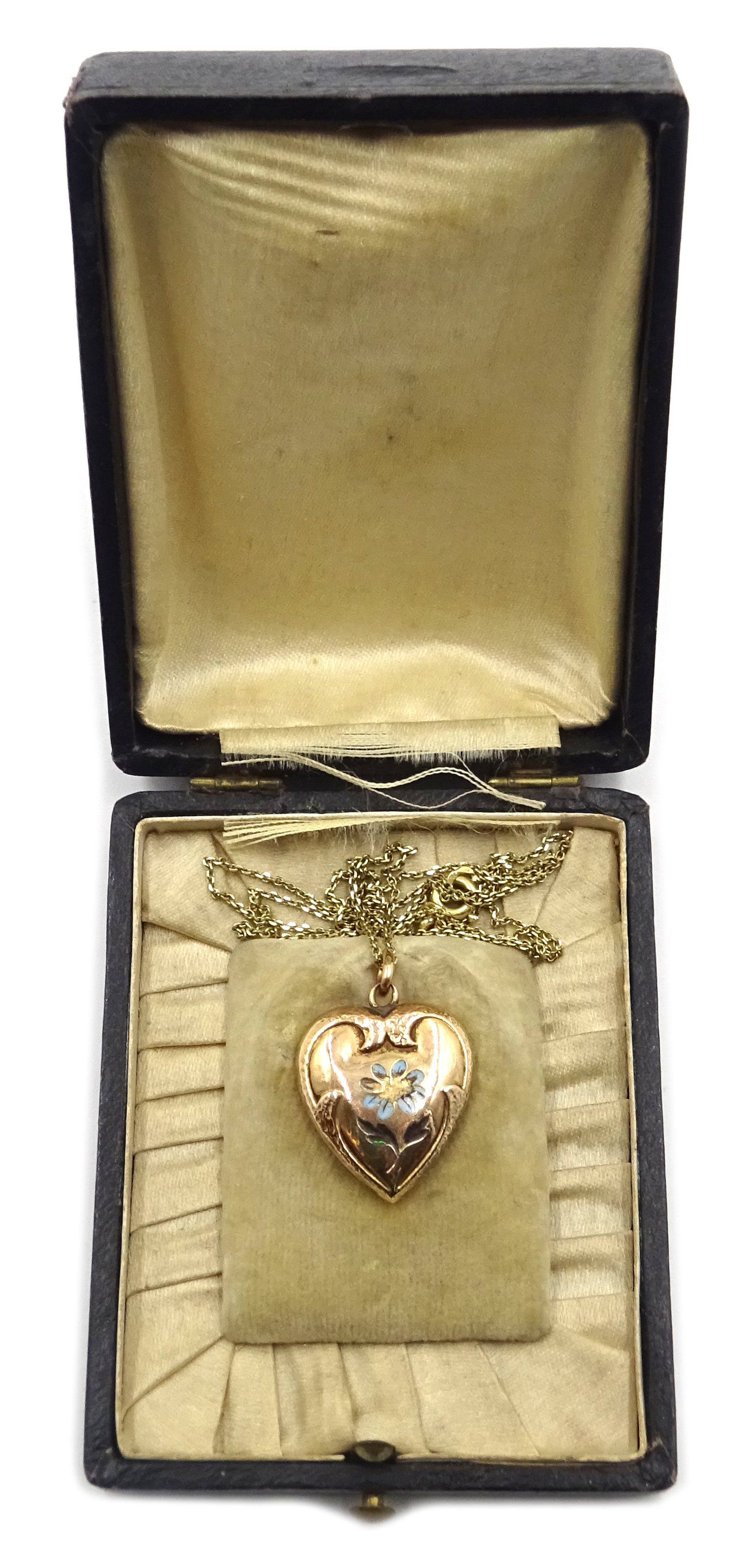 8ct gold and enamel heart locket on chain, continental hallmarks,