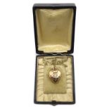 8ct gold and enamel heart locket on chain, continental hallmarks,