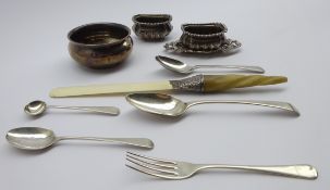 Silver mounted paper knife with twisted horn handle, pair of silver salts, small sweetmeat dish,