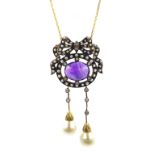 Gold and silver necklace set with a cabochon amethyst, seed pearls, diamonds and pearls,