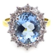 18ct gold aquamarine and diamond cluster ring, hallmarked, aquamarine approx 2.